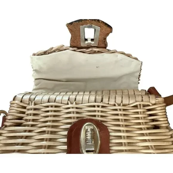 Vintage Wicker Purse Mini Summer Leather Strap Flip Top Twist Lock - Picture 7 of 16